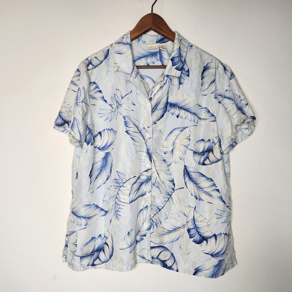 Linden Hill Womens Xl Blue Leaves Hawaiian Silk Button Shirt